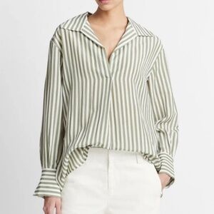 VINCE Coastal Stripe Shaped-Collar Shirt — Sea Fern/Optic White, M, Like new!